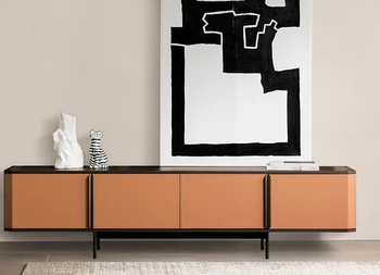 Итальянский минималистичный ТВ-шкаф из оранжевой кожи, аудиовизуальный шкаф длиной 2 метра, роскошный шкаф из нержавеющей стали для гостиной