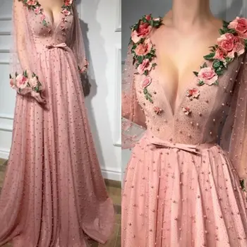 Розовые сказочные платья для выпускного вечера с 3D цветочной аппликацией и жемчужным бантом Вечерние платья трапециевидной формы с глубоким V-образным вырезом для подружек невесты на свадебной вечеринке
