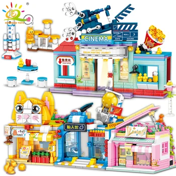 Серия строительных блоков HUIQIBAO MOC Street View Architecture, Кофейня, кинотеатр, Детский Городской Строительный кирпич, Подарочный набор игрушек