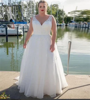 Элегантное кружевное свадебное платье большого размера 2024, V-образный вырез, длина до пола, корсет на шнуровке, Пляжное платье невесты, Шикарное Деревенское гражданское свадебное платье