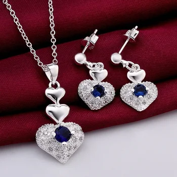 Милые свадебные украшения из чистого серебра 925 пробы, романтическое ожерелье с подвеской в виде сердца из голубого циркона, серьги, модный набор