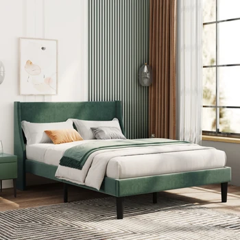Двуспальная кровать с бархатной темно-зеленой обивкой 4 фута 6 дюймов с изогнутым изголовьем, опорой из деревянных планок