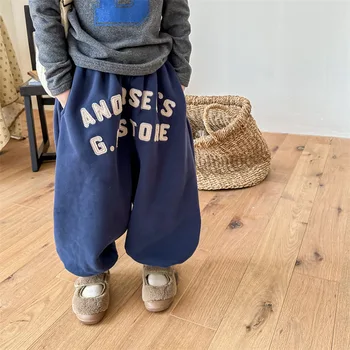 Детские брюки Осень-зима для мальчиков и девочек с надписью Плюс бархатные Теплые повседневные брюки, хлопковые Детские Свободные Флисовые утепленные брюки