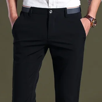 Мужские брюки, эластичные деловые брюки премиум-класса, без утюга, прямого кроя, с плоской передней частью, мужские костюмные брюки, модные вечерние брюки