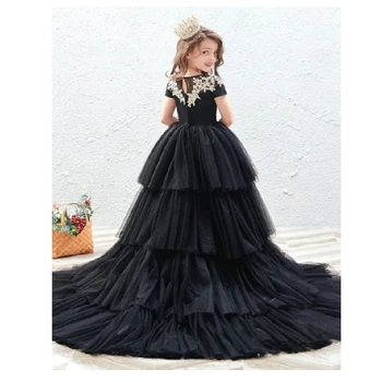 Черное платье с аппликацией для девочек в цветочек, кружевное платье с коротким рукавом, тюлевое пышное платье принцессы, детский день рождения, бальные платья для Первого причастия, платье