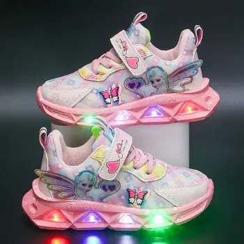 Повседневная обувь для девочек Disney со светодиодной подсветкой, Детская спортивная обувь, сетчатые кроссовки, дышащая повседневная обувь с героями мультфильмов Priness Elsa, Размер 22