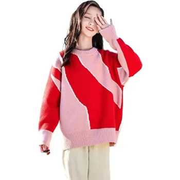 Осенние вязаные пуловеры для малышей, топы от 4 до 13 лет, свитер для маленьких девочек, детская одежда в корейском стиле в стиле пэчворк с круглым воротником