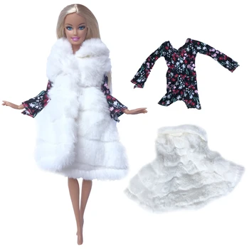 2 шт./компл., кукольный наряд, белая мягкая шуба + модное платье, зимняя теплая повседневная одежда, аксессуары, одежда для куклы Барби, детская игрушка