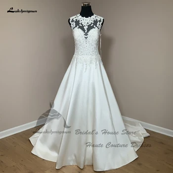 Роскошные атласные свадебные платья трапециевидной формы для невесты 2022 Vestidos Элегантные женские свадебные платья принцессы с кружевными аппликациями на лифе