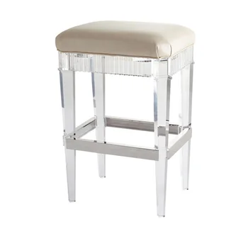 Акриловый стул, кожаная подушка, края обернуты нержавеющей сталью, барная стойка из прозрачного стекла, высокий стул