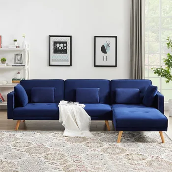Модульный диван-кровать для гостиной, Раскладывающийся диван-футон с 3 Подушками и 3 Настройками спинки -120°/150°/180°, синий