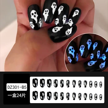 Хэллоуин Светящийся плавающий призрак Женщины Длинный круглый маникюр Накладные ногти Полное покрытие готовых накладных ногтей Прижмите ногти клеем