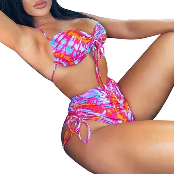 Женский купальник с подвешиванием на шею, Бикини с открытой спиной, без рукавов, с цветочным рисунком, с высокой талией, Пляжная одежда