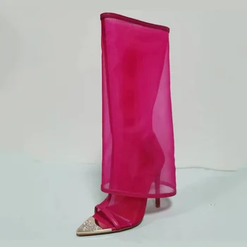 Розовые сапоги до колена в сеточку, женские сетчатые летние туфли на высоком каблуке-шпильке с бриллиантами, широкие сандалии с накладками