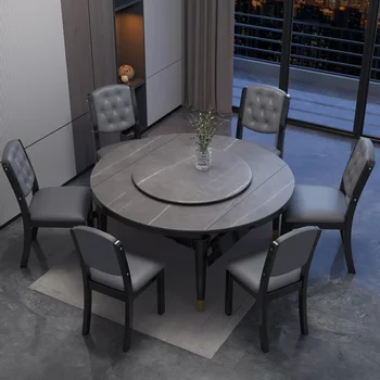 Современная простая каменная доска, обеденный стол и стул из массива дерева, сочетание света, роскошная семейная столовая, маленький семейный размер, выдвижной