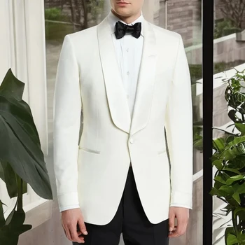 Свадебные мужские костюмы Бежевый блейзер, шаль с лацканами, на одной пуговице, с двойным отверстием, Официальная вечеринка, Элегантный пиджак из 2 предметов, брюки