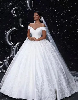 Классические белые атласные кружевные платья с коротким рукавом и открытыми плечами большого размера для невесты, свадебные платья для новобрачных