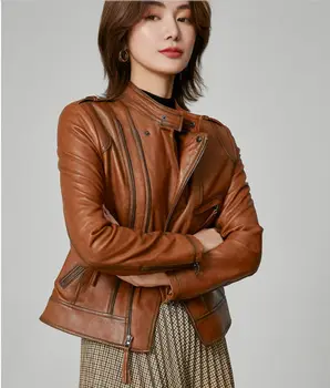 2023 Новая кожаная куртка Женская короткая Весенне-осенняя модная новая универсальная корейская куртка из овчины 