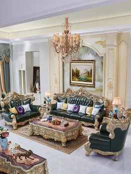 Европейский кожаный комбинированный диван, гостиная, резное U-образное шампанское, золотая фольга, диван из массива дерева, Американский кожаный диван 124