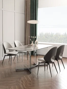 Роскошный обеденный стол и стул из светлой каменной плиты, современный простой обеденный стол из бесшумного закаленного ветром стекла, прямоугольный островной стол sus