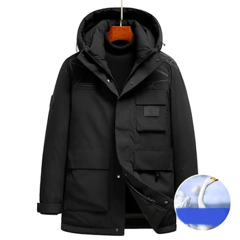 Мужская пуховая куртка средней длины с капюшоном 2023 Зимняя теплая и утолщенная рабочая одежда Повседневная куртка