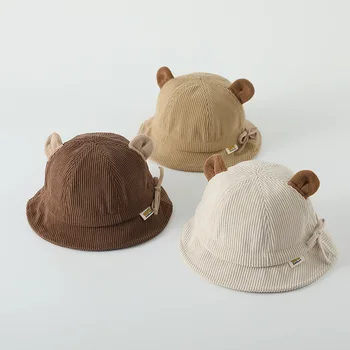 Милые детские шапочки-ведерки Осень-зима, вельветовые флисовые утепленные рыбацкие шапочки для мальчиков и девочек, Корейские уличные Детские солнцезащитные шапочки для младенцев