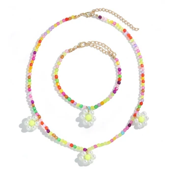 Girlg Корейский Красочный браслет-ожерелье из рисовых бусин для женщин и девочек, Богемный Этнический браслет с цветами ручной работы, украшения для ключиц