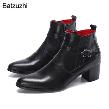 Мужские ботильоны из роскошной кожи ручной работы Batzuzhi с острым носком, черные деловые кожаные короткие ботинки для мужчин на высоком каблуке с пряжкой и молнией.
