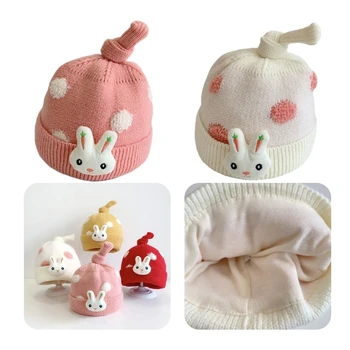 Шапка для малышей с кроликом, Зимняя Уличная утепленная шапочка-бини, Двухслойная утолщенная шапка-капот, Мультяшная шапка-пуловер