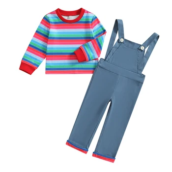 Осенняя одежда для малышей из 2 предметов, топы в полоску с длинными рукавами и штаны на подтяжках, комплект для косплея для малышей