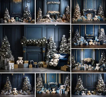 Фон для фотосъемки Mehofond Винтажная Синяя Европейская стена Семейный Праздник Рождественская Елка Игрушечный Медведь Фоны для камина Декор