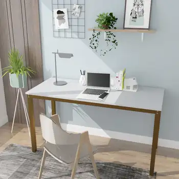 39-дюймовый Компьютерный стол для ПК, Стол для ноутбука, Письменный Угловой стол для домашнего офиса, белый + Золотая рамка