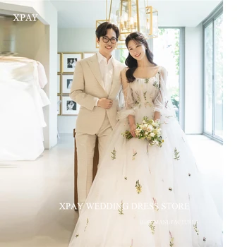 XPAY Корейские свадебные платья из тюля Трапециевидной формы, Съемные Пышные свадебные платья с длинными рукавами для фотосессии, платье невесты с корсетом на спине