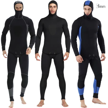 Новый мужской водолазный костюм с разрезом из неопрена толщиной 3 мм с капюшоном, утолщенный и теплый костюм для плавания, подводной охоты, водолазный костюм из двух частей