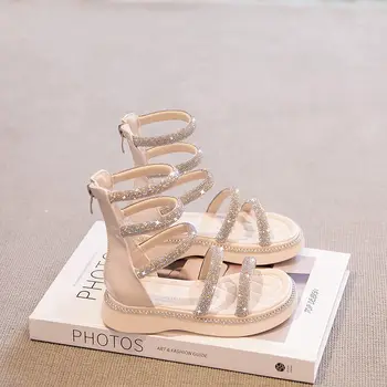Летняя повседневная модная детская Римская обувь со стразами, высокие сандалии-гладиаторы для девочек, Студенческие сандалии принцессы на хрустальной молнии