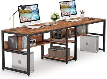 Стол для двоих с книжной полкой, 78,7 Компьютерный Офисный Двойной стол для двоих, Рабочее место для письменного стола в деревенском стиле с