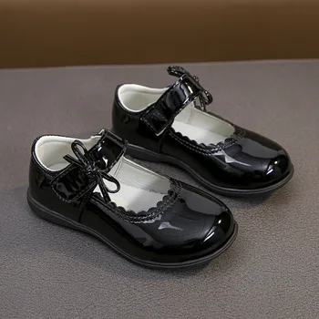 Детская обувь из ультра-волокнистой кожи для девочек от 3 до 13 лет, Весна-осень, плоский каблук, крючок и петля, галстук-бабочка, детская обувь Hw30
