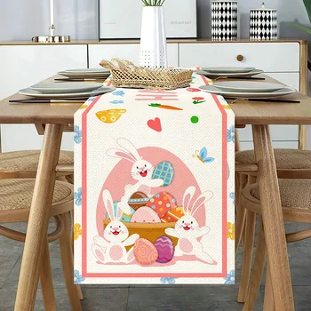 Пасхальный кролик, разноцветные яйца, цветы, льняная скатерть 30x183 см, моющийся Декор для кухонного обеденного стола, Праздничная вечеринка, Свадебный декор