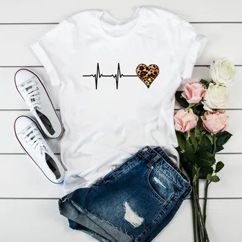 Модная футболка с круглым вырезом и коротким рукавом, футболка с леопардовым принтом в форме любви, женская футболка Harajuku для девочек 90-х годов