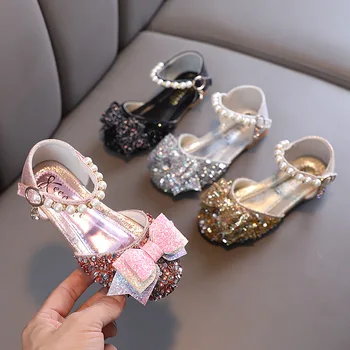 Летние детские сандалии для девочек, обувь для девочек от 7 до 12 лет, украшенная блестками и бантом, обувь принцессы на мягкой подошве для выступлений на сцене