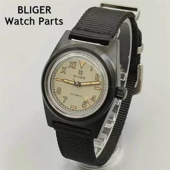 BLIGER 38 мм, светящиеся часы, механизм NH35, бежевый циферблат, купольное стекло, автоматические мужские часы, нейлоновый ремешок