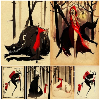 Красная Шапочка и Крампус, Винтажная настенная живопись, холст, Большой Злой Волк в лесу, абстрактное искусство, плакат и принт Декор