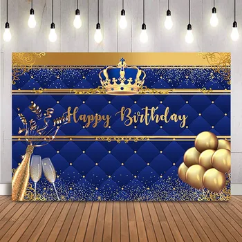 С Днем рождения, Королевский синий фон, Корона, Золотые блестящие шары, шампанское, Тематическая вечеринка по случаю Дня рождения для новорожденных, Фотобудка