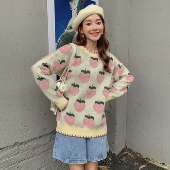 Вязаные свитера с вышивкой клубники Kawaii, милые девушки, осень-зима, теплые свободные повседневные пуловеры с круглым вырезом, шикарные студенческие джемперы
