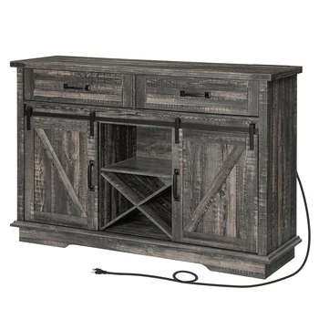 Шкаф для винного бара с зарядной станцией 53,9-дюймовый шкаф для кофейного бара с 2 выдвижными ящиками буфетный шкаф с раздвижными дверцами амбара серый