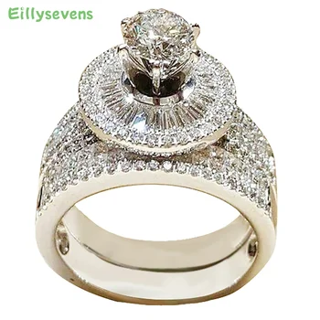 Роскошный хрустальный женский набор колец с большой королевой, модные серебряные кольца для новобрачных Для женщин, обручальное кольцо с обещанием любви