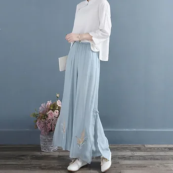 2023 китайский национальный стиль ретро элегантные брюки с широкими штанинами и вышитым цветком, повседневные брюки с эластичной резинкой на талии для женщин g723