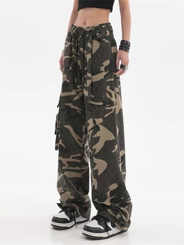 Y2K Винтажные камуфляжные брюки-карго с высокой талией, мешковатые, широкие, прямые, повседневные, удобные, модные брюки Cool Girl