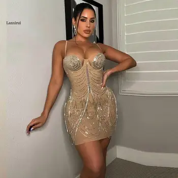 Сексуальное мини-клубное платье с бриллиантами Для женщин 2022, ночная одежда без рукавов на бретельках, Вечерние платья для вечеринок для женщин
