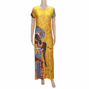 Женские Африканские платья, халат, Длинный, свободный, с принтом, с коротким рукавом, Летний Ретро Винтажный костюм, Желтое Тонкое повседневное платье, одежда